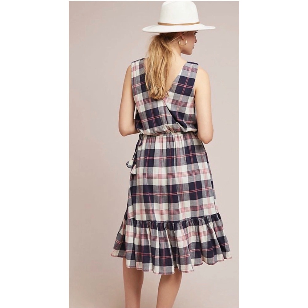 Isabella Sinclair Anthropologie Plaid Midi Dress Navy Cream Red Size M NWT